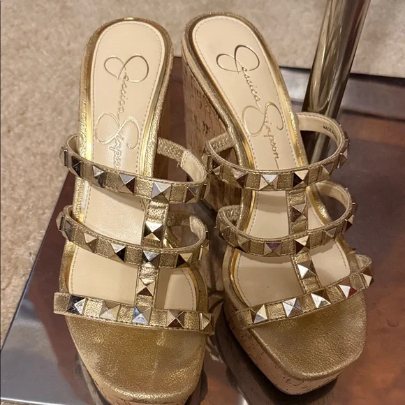 Jessica Simpson Metallic Gold Stud Detail Cork Wedges - Picture 1 of 3
